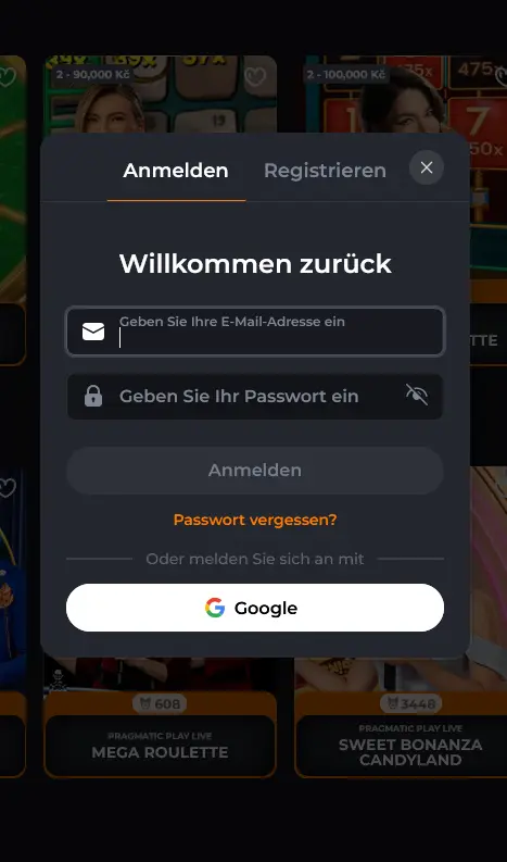 Anmeldeformular von Corgibet im Browser