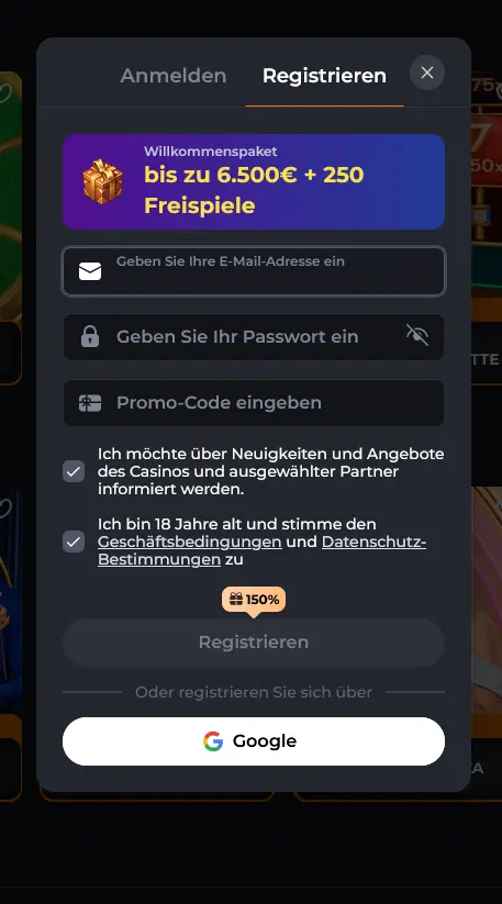 Registrierungsformular für ein neues Corgibet-Konto