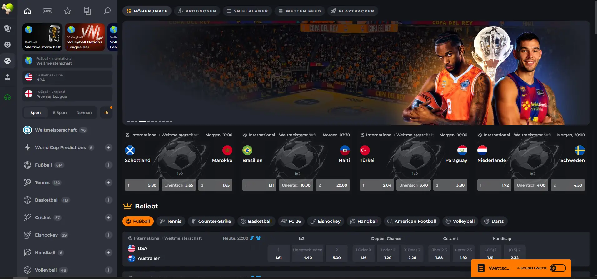 Sportwetten-Übersicht bei Corgibet mit Live-Quoten